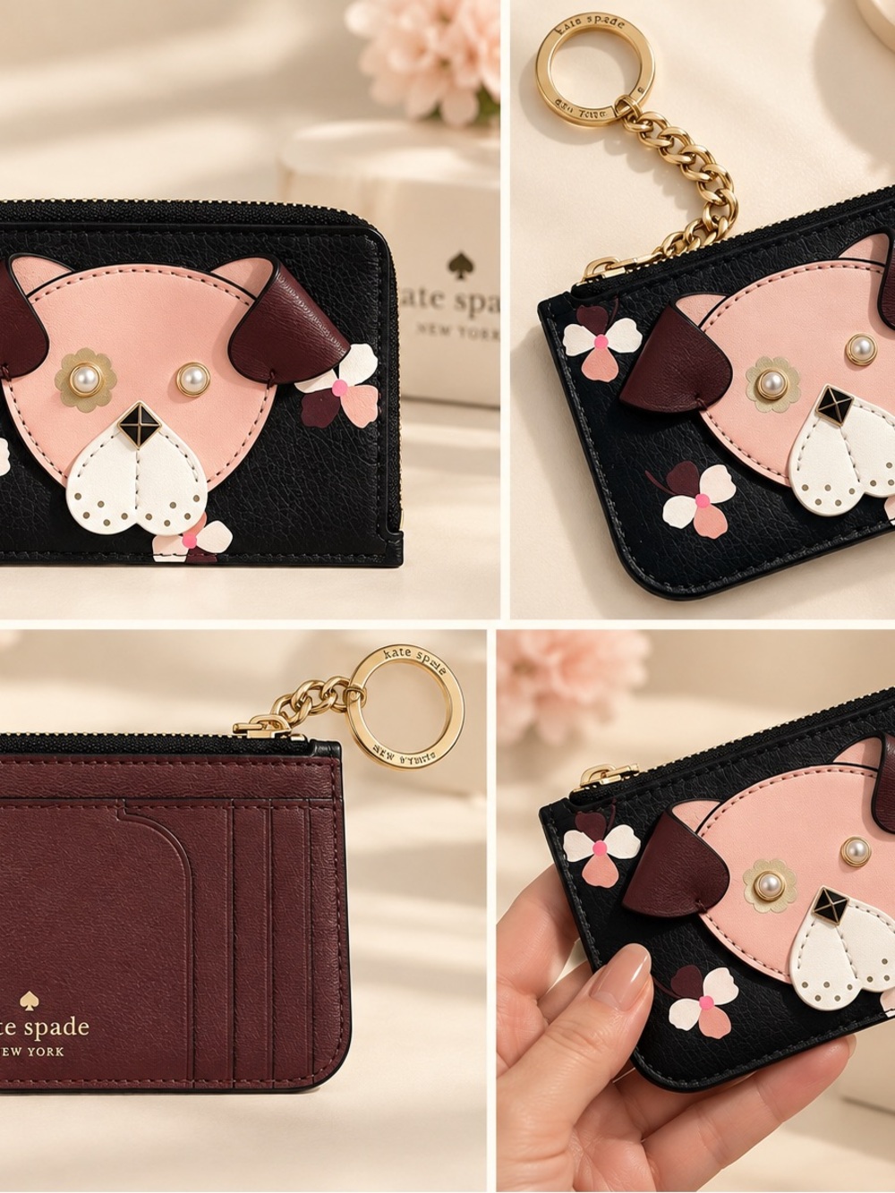 kate spade Black Card Case Key Ring with Pink Dog Appliqué